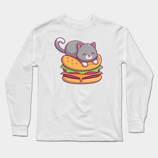 Cute Cat Lay On Burger Cartoon Long Sleeve T-Shirt